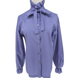 Rhoda Lee Polka Dot Blouse Womens 12 Blue Vintage Ruffle Neck Tie Coquette 70s